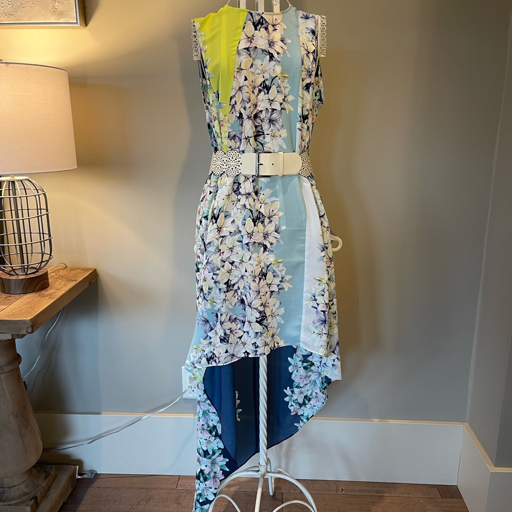 BCBG XXS floral satin lightweight flowy summer dress. Romantic slimming pretty.